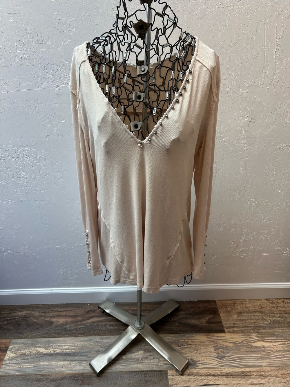 In Loom Cream Ribbed Studded V Neck Long Sleeve Tunic Top Medium